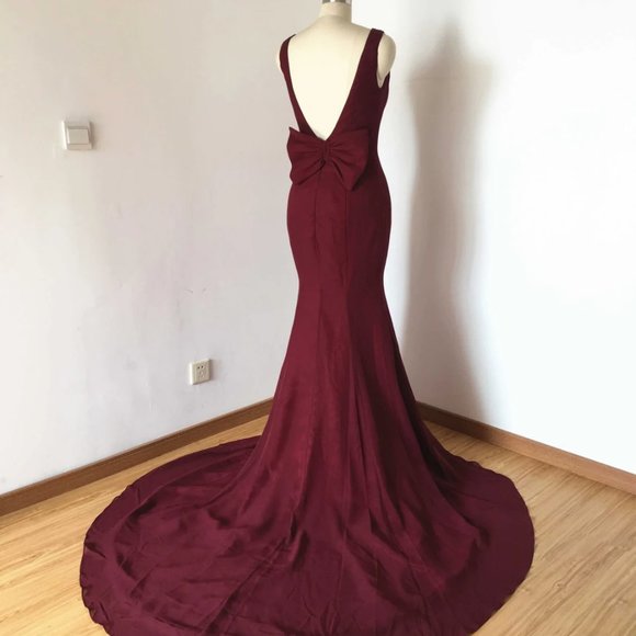 Mermaid Backless Burgundy Chiffon Long Prom Dress - Picture 3 of 5